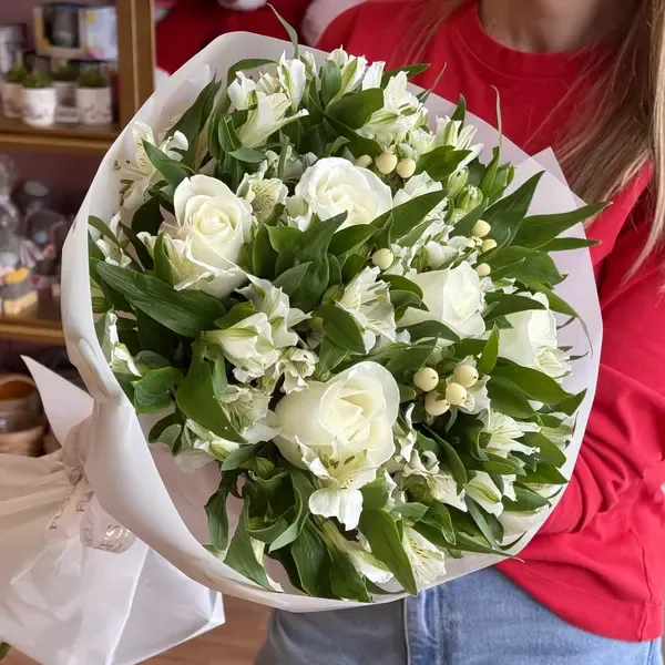 Alisa White Roses & Alstroemeria Flower Bouquet