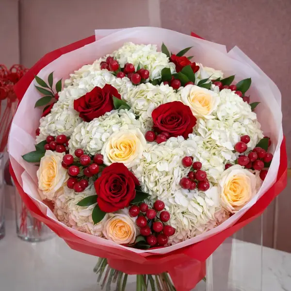Anora Red & Cream Roses with Whyte Hydrangea Flower Bouquet
