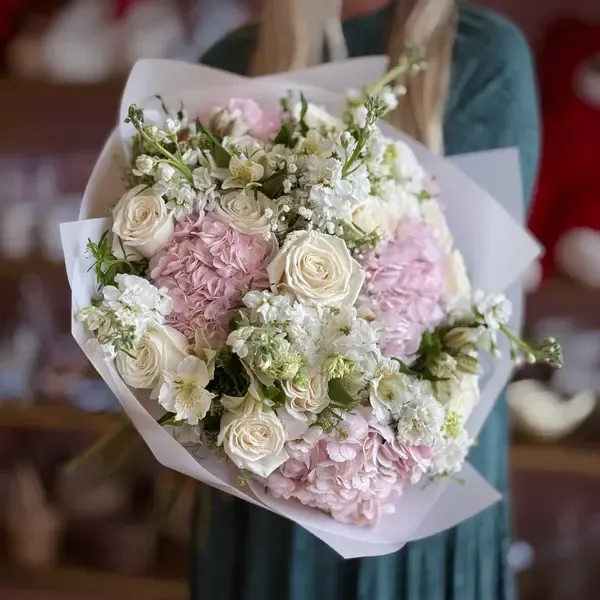 ANITA Pink Hydrangea White Roses & Stock Flower Bouquet