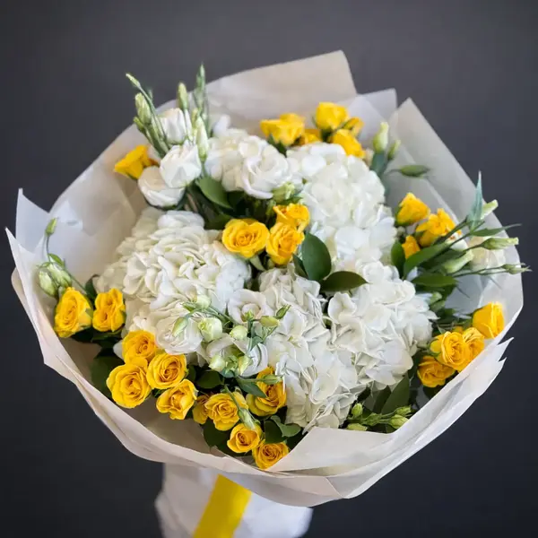 Aurora Yellow Roses White Hydrangea & Stock Flower Bouquet