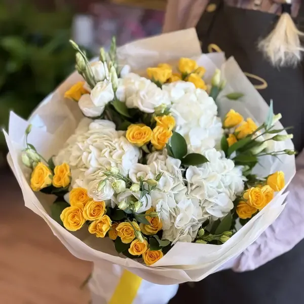 Aurora Yellow Roses White Hydrangea & Stock Flower Bouquet