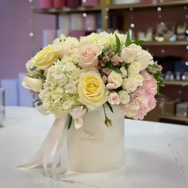 BESSIE Light Pink Roses & White Hydrangea Flower Box