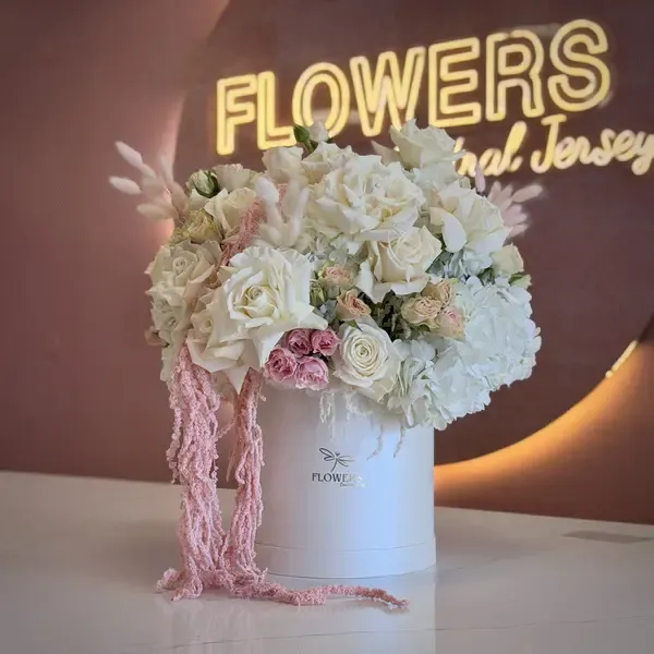 BIANA White French Roses, Hydrangea & Pink Amaranth Flower Box
