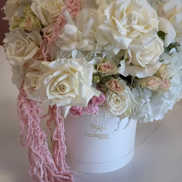 BIANA White French Roses, Hydrangea & Pink Amaranth Flower Box