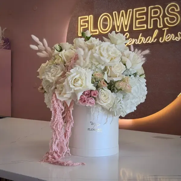 BIANA White French Roses, Hydrangea & Pink Amaranth Flower Box