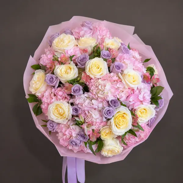 EUGENIA Pink Hydrangea, Cream & Lavender Roses Flower Bouquet