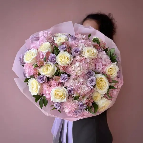 EUGENIA Pink Hydrangea, Cream & Lavender Roses Flower Bouquet