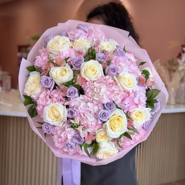 EUGENIA Pink Hydrangea, Cream & Lavender Roses Flower Bouquet