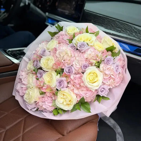 EUGENIA Pink Hydrangea, Cream & Lavender Roses Flower Bouquet