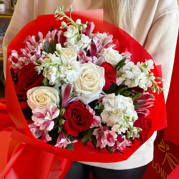 Gloria Red & White Roses and Alstroemeria Flower Bouquet