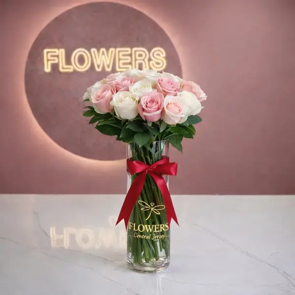 Light Pink & White Long Stem Roses in Signature Vase