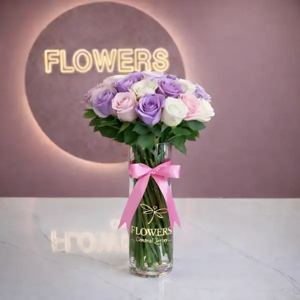 Lavender & White Long Stem Roses in Signature Vase