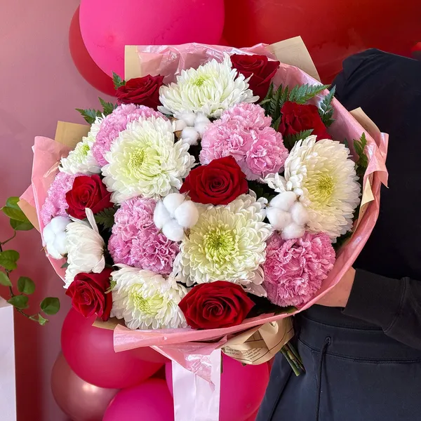 Margo Red Roses Mums & Dianthus Flower Bouquet