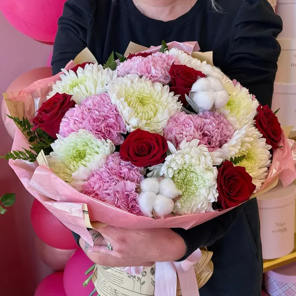 Margo Red Roses Mums & Dianthus Flower Bouquet