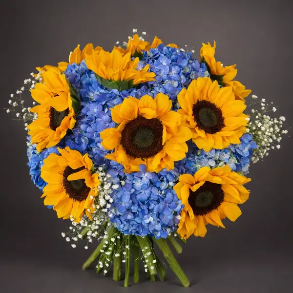 MAYA Sunflowers and Blue Hydrangea Flower Bouquet