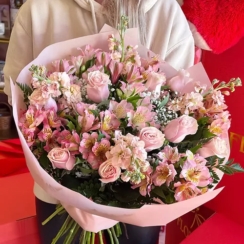 MILANA Soft Pink Roses and Alstroemeria Flower Bouquet