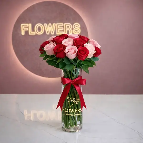 Red & Light Pink Long Stem Roses in Signature Vase