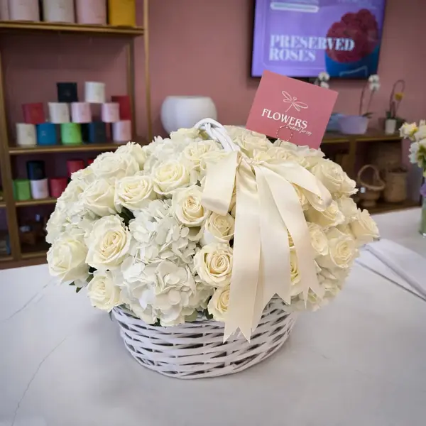 White Roses & White Hydrangea Willow Basket