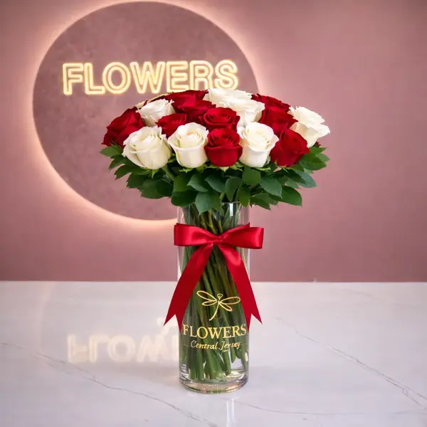 Red & White Long Stem Roses in Signature Vase