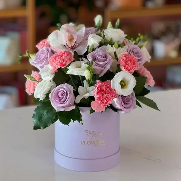 VIOLA Lavender Roses and White Lisianthus Flower Box