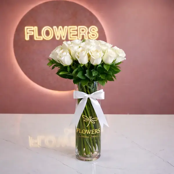 White Long Stem Roses in Signature Vase