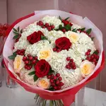 Anora Red & Cream Roses with Whyte Hydrangea Flower Bouquet