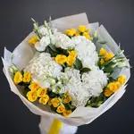 Aurora Yellow Roses White Hydrangea & Stock Flower Bouquet