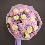 EUGENIA Pink Hydrangea, Cream & Lavender Roses Flower Bouquet