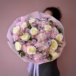 EUGENIA Pink Hydrangea, Cream & Lavender Roses Flower Bouquet