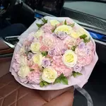 EUGENIA Pink Hydrangea, Cream & Lavender Roses Flower Bouquet