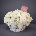 White Roses & White Hydrangea Willow Basket